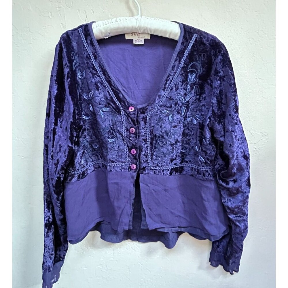 Anu by Natural Blouse Womens M/L Purple Embroidered Velvet Chiffon Top Boho